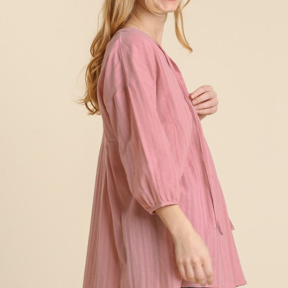 Umgee Women's Large 3/4 Sleeve Button Down Pleated Tunic Dress High Low Pink - Picture 4 of 7